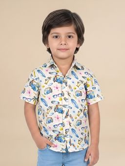 Polka Tots - White Cotton Half Sleeve Beach Print Shirt