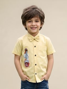 Polka Tots - Yellow Cotton Half Sleeve Roar Patch Shirt with Bow Tie