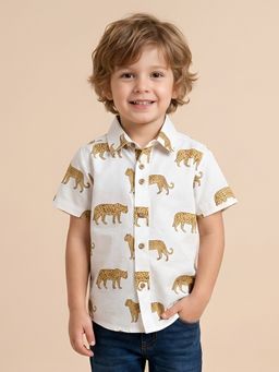 Polka Tots - White Cotton Half Sleeve Leopard Print Shirt
