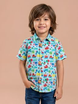 Polka Tots - Blue Cotton Half Sleeve Cars Print Shirt