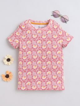 Baby Nation - Pink Cotton Knit Half Sleeves Flower Printed T-Shirt
