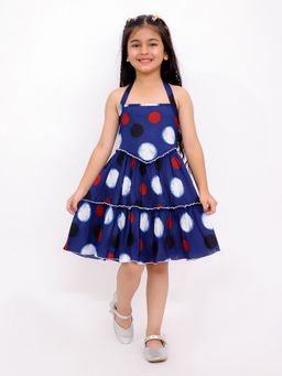 Titrit - Navy Blue Cotton Sleeveless Polka Printed Dress