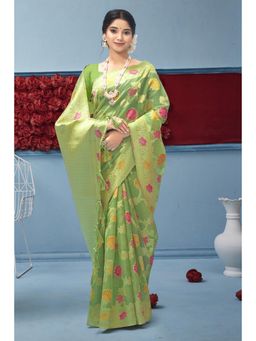 Sangam Prints - Green Organza Woven Zari Work Traditional Tassel Saree with Unstitched Blouse