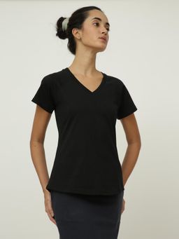Saltpetre - Women Solid Black Rounded V Neck T-shirt