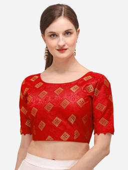 Amrutam Fab - Womens Jacquard Red Stiched Blouse With Round Neck