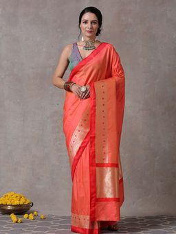 WeaverStory - Orange Handloom Pure Katan Silk Banarasi Saree with Red Border with Unstitched Blouse