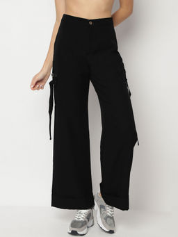 Missguided - Black Turn Up Cuff Cargo Trousers