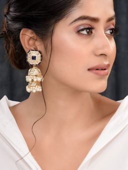 Saraf RS Jewellery - Gold Plated Polka Studded Blue Beads Chandelier Jhumka Earrings