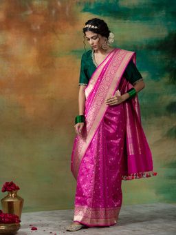 WeaverStory - Handloom Hot Pink Pure Banarasi Saree With Unstitched Blouse