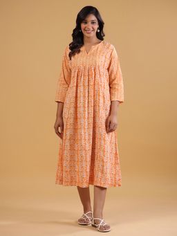 SAVI - Rust Cotton Printed A-Line Dress