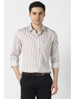 Peter England - Men Beige Slim Fit Stripe Full Sleeves Casual Shirt