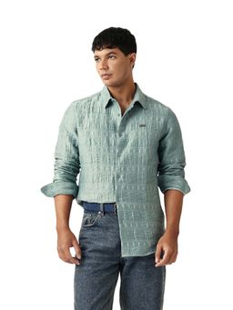 The Bear House - Men Cotton Self Design Slim Fit Casual Shirt Green