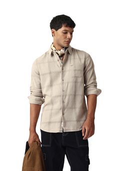 The Bear House - Men Cotton Checked Slim Fit Casual Shirt Beige