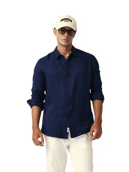 The Bear House - Men Self Design Slim Fit Casual Shirt Blue