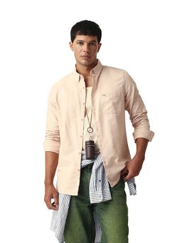 The Bear House - Men Cotton Solid Slim Fit Casual Shirt Peach