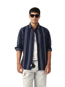 The Bear House - Men Cotton Striped Slim Fit Casual Shirt Blue