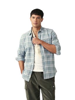 The Bear House - Men Cotton Checked Slim Fit Casual Shirt Blue