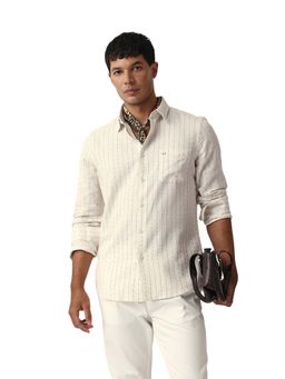 The Bear House - Men Woven Striped Slim Fit Casual Shirt Cream