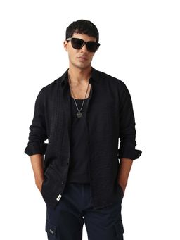 The Bear House - Men Self Design Slim Fit Casual Shirt Black