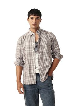 The Bear House - Men Cotton Checked Slim Fit Casual Shirt Brown