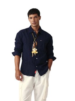 The Bear House - Men Cotton Striped Relax Fit Overshirt Navy Blue