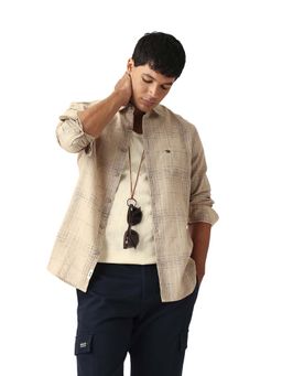 The Bear House - Men Woven Checked Slim Fit Casual Shirt Beige