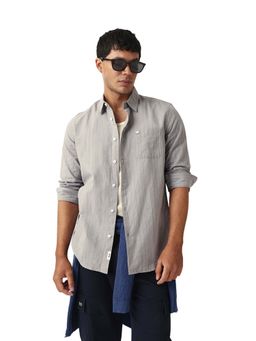The Bear House - Men Cotton Linen Striped Slim Fit Casual Shirt Grey