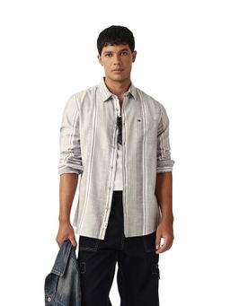 The Bear House - Men Cotton Striped Slim Fit Casual Shirt Grey