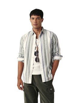 The Bear House - Men Cotton Striped Slim Fit Casual Shirt White