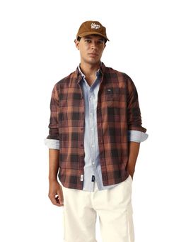 The Bear House - Men Cotton Checked Slim Fit Casual Shirt Brown