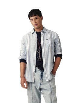 The Bear House - Men Cotton Striped Slim Fit Casual Shirt Blue