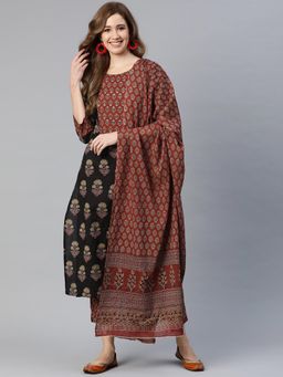 Yuris - Women Black Printed Kurta with Trousers and Dupatta (Set of 3)