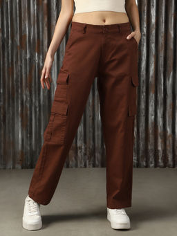 High Star - Brown Regular Solid Straight Fit Cotton Trouser
