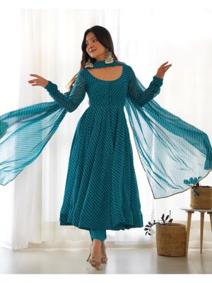 Faux Georgette Leheriya Print Anarkali 4M Flair Kurti Pant Dupatta Set (Ready To Wear)