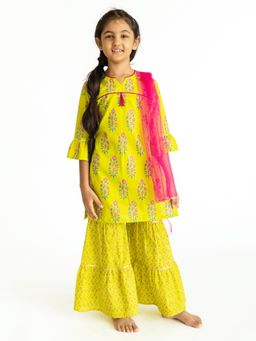Campana - Girls Mahreen Sharara - Boota Block Print - Lime Green (Set of 3)