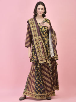 Shree - Women Chanderi Black Floral Print Kurti Skirt and Dupatta (Set of 3)