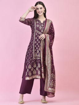 Shree - Women Georgette Purple Kurta Pant with Dupatta (Set of 3)