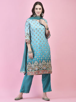Shree - Women Jacquard Blue Ornamental Print Kurta Pant and Dupatta (Set of 3)