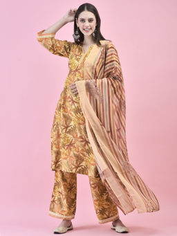 Shree - Women Liva Mustard Floral Print Kurta Pant with Dupatta (Set of 3)