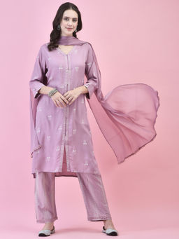 Shree - Women Liva Rayon Mauve Printed Kurta Pant and Dupatta (Set of 3)