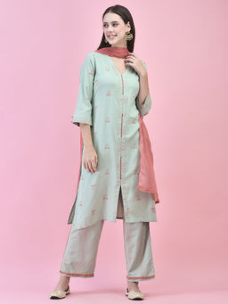 Shree - Women Liva Rayon Green Printed Kurta Pant and Dupatta (Set of 3)