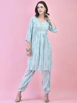 Shree - Women Liva Rayon Blue Stripe Print Kurta With Pant (Set of 2)