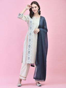 Shree - Women Cotton Beige Stripes Print Kurta Pant and Dupatta (Set of 3)