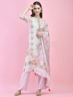 Shree - Women Liva Rayon Pink Floral Print Kurta Pant and Dupatta (Set of 3)