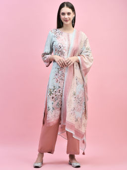 Shree - Women Liva Rayon Peach Floral Print Kurta Pant and Dupatta (Set of 3)