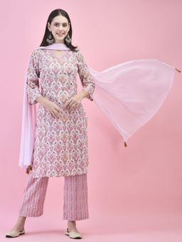 Shree - Women Cotton Pink Floral Print Kurta Pant and Dupatta (Set of 3)