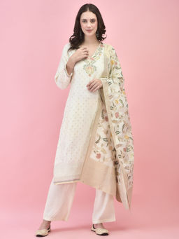 Shree - Women Jacquard Off White Kurta Pant and Dupatta (Set of 3)