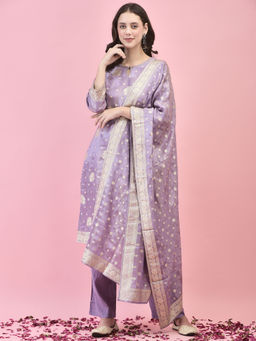 Shree - Women Silk Purple Woven Kurta Pant Dupatta (Set of 3)