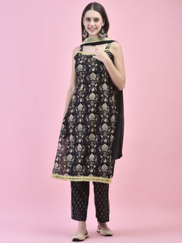 Shree - Women Cotton Black Floral Print Kurta Pant and Dupatta (Set of 3)