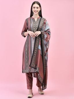 Shree - Women Liva Rayon Brown Aztec Print Kurta Pant and Dupatta (Set of 3)